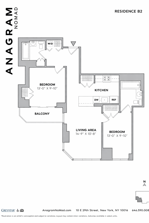Floor plan for 2 beds, 2 baths, 832 sqft